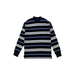 Designed loose contrasting color horizontal striped round neck sweatshirt, customized flat machine sleeves, neckline, side slits at the hem, blue + white + khaki horizontal stripes, creative design, winter warm sweatshirt, sweatshirt supplier Z657 Designed loose contrasting color horizontal striped round neck sweatshirt, customized flat machine sleeves, neckline, side slits at the hem, blue + white + khaki horizontal stripes, creative design, winter warm sweatshirt, sweatshirt supplier Z657